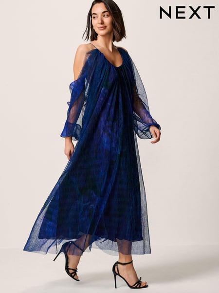 Navy Blue Floral Crinkle Mesh Volume Cami Maxi Dress (613662) | € 24