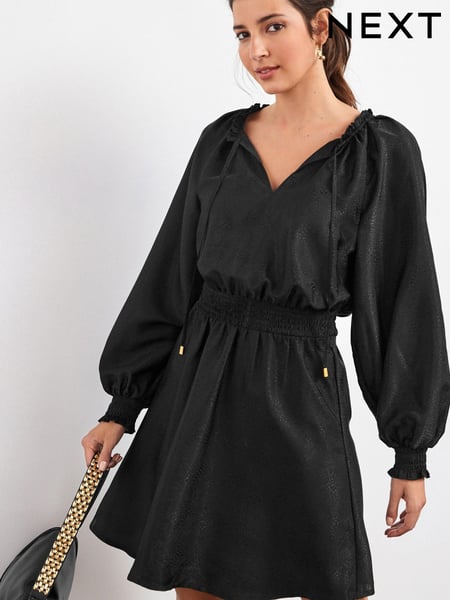 Black Tie Neck Satin Jacquard Mini Dress (616070) | € 19