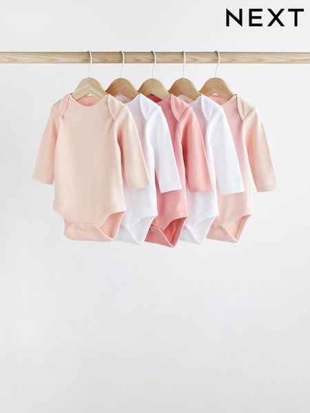 Pink/White 5 Pack Essential Long Sleeve 100% Cotton Baby Bodysuits (619349) | € 16 - € 18
