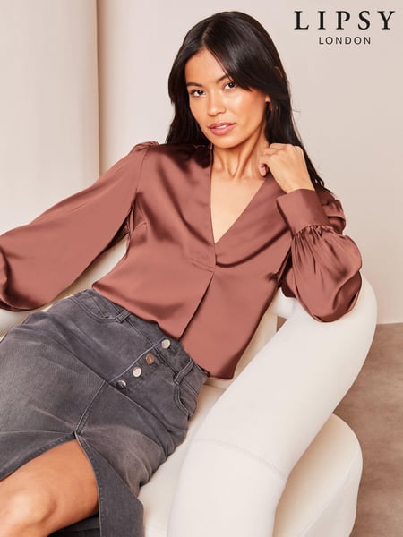 Lipsy Pink Grandad Collar V Neck Puff Sleeves Satin Blouse (633136) | € 20