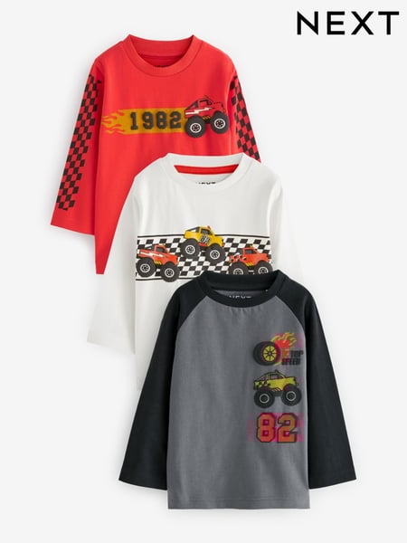 Black/White/Red Long Sleeve Transport T-Shirts 3 Pack (3mths-7yrs) (642580) | € 14 - € 18