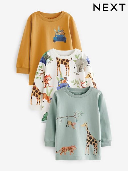 Blue/Yellow Safari Long Sleeve Animal Print Character T-Shirts 3 Pack (3mths-7yrs) (642776) | € 24 - € 30