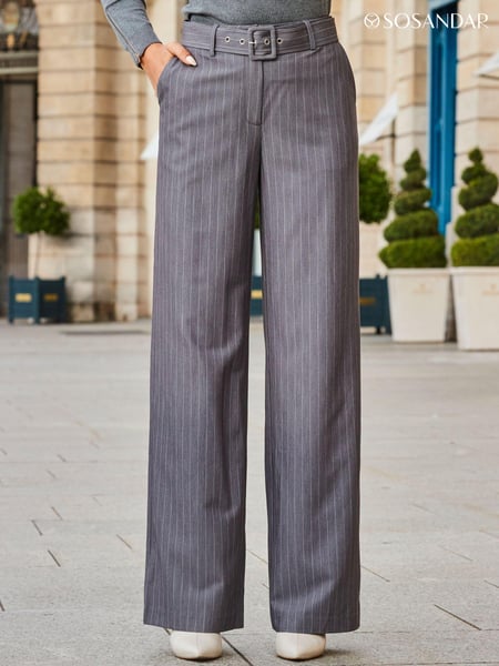 Sosandar Grey Pinstripe Belted Wide Leg Trousers (647405) | € 35