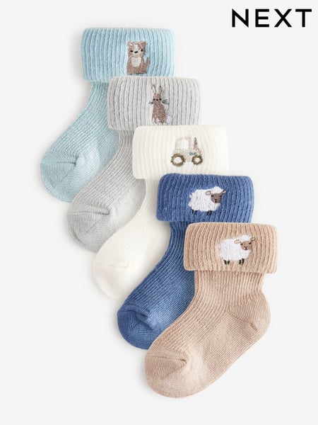 Blue/Neutral Embroidered Roll Top Socks 5 Pack (0mths-2yrs) (661478) | € 10