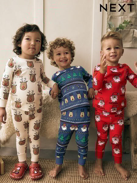 Red/Navy/Ecru 3 Pack Christmas Character 100% Cotton Pyjamas (9mths-10yrs) (665639) | € 25 - € 31