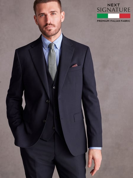 Navy Blue Slim Fit Signature Tollegno Italian Wool Textured Suit Jacket (666504) | € 194