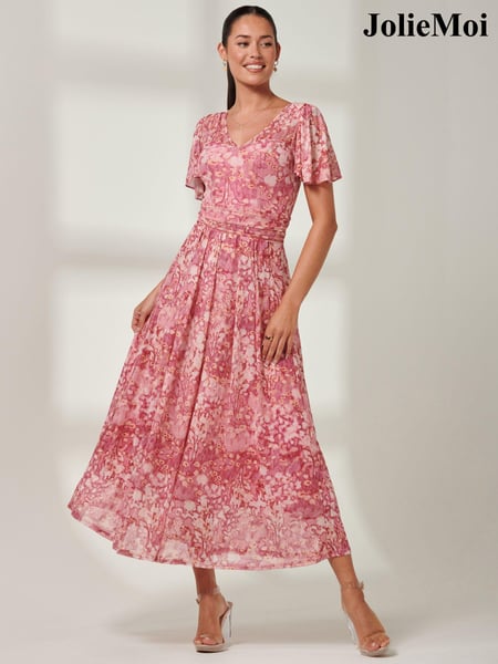 Jolie Moi Red Bianca V-Neck Pleated Mesh Maxi Dress (675287) | € 133
