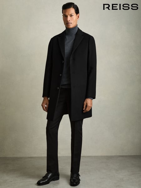 Reiss Black Gable Wool Blend Single Breasted Epsom Overcoat (676535) | € 512