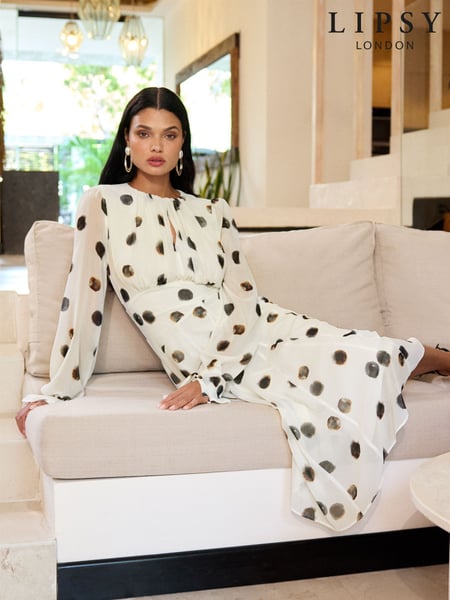 Lipsy Black/White Long Sleeve Gathered Waist Polka Dot Midi Dress (677902) | € 54