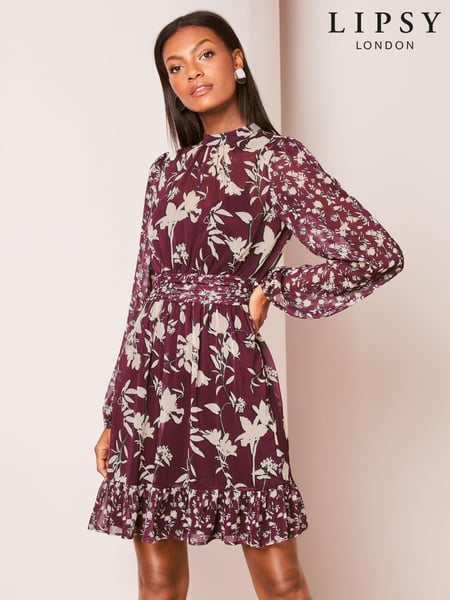 Lipsy Berry Red High Neck Floral Chiffon Shift Mini Dress (678034) | € 19