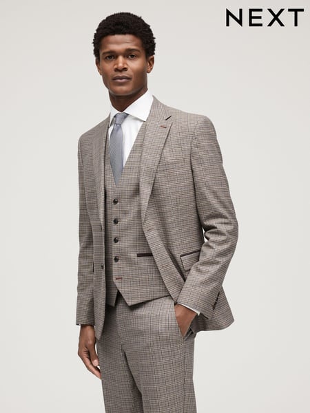 Taupe Skinny Fit Trimmed Check Suit (678565) | € 37