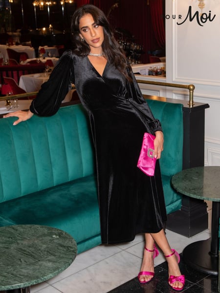 Pour Moi Black Charlotte Tie Back Stretch Velvet Long Sleeve Midi Dress (679961) | € 101