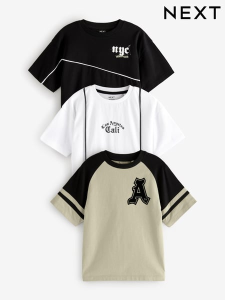 Black/White/Stone Grunge Varsity Relaxed Fit Graphic Print Short Sleeve 100% Cotton T-Shirts 3 Pack (3-16yrs) (681851) | € 31 - € 40
