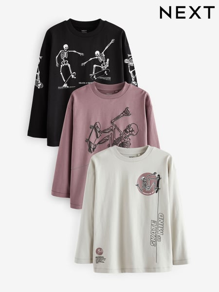 Purple/Stone/Black Skeleton Graphic Print Relaxed Fit Long Sleeve T-Shirts 3 Pack (3-16yrs) (683085) | € 23 - € 30