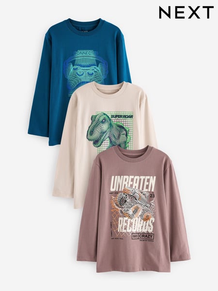 Blue Dino Graphic 100% Cotton Long Sleeve T-Shirts 3 Pack (3-16yrs) (683122) | € 13 - € 18