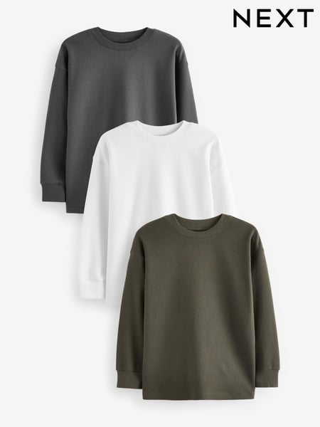 Khaki Green/ Charcoal/ White Long Sleeve Textured T-Shirts 3 Pack (3-16yrs) (683137) | € 24 - € 30