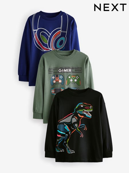 Green/Blue Gaming Graphic Print Relaxed Fit Long Sleeve T-Shirts 3 Pack (3-16yrs) (683149) | € 20 - € 25