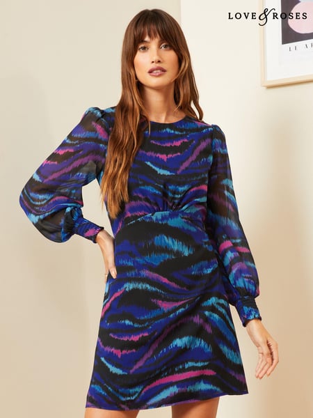 Love & Roses Blue Animal Printed Empire Chiffon Long Sleeve Mini Dress (684285) | € 17