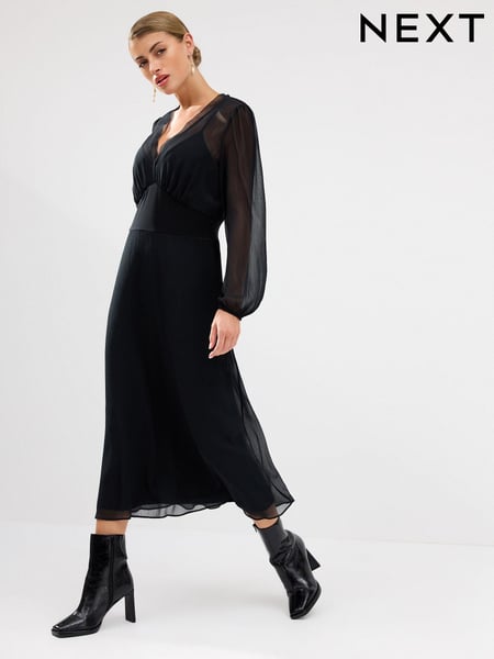 Black Long Sleeve Sheer Layer Midi Dress (684976) | € 18