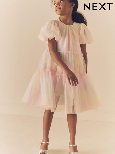 Pastel Pink Rainbow Mesh Puff Sleeve Party Dress (3-16yrs) (688697) | € 8 - € 10