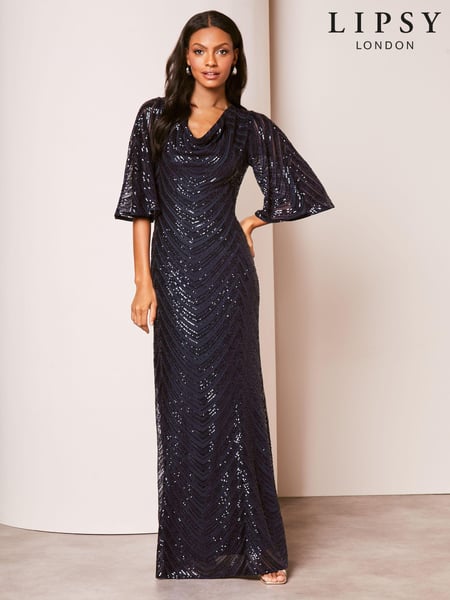 Lipsy Navy Blue Reversible Cowl Neck Sequin Maxi Dress (695402) | € 43
