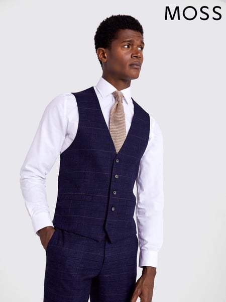 MOSS Navy Blue Slim Check Suit: Waistcoat (698786) | € 140