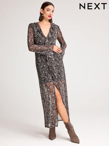 Brown Snake Print Long Sleeve Mesh Ruffle Maxi Dress (6L6106) | € 14