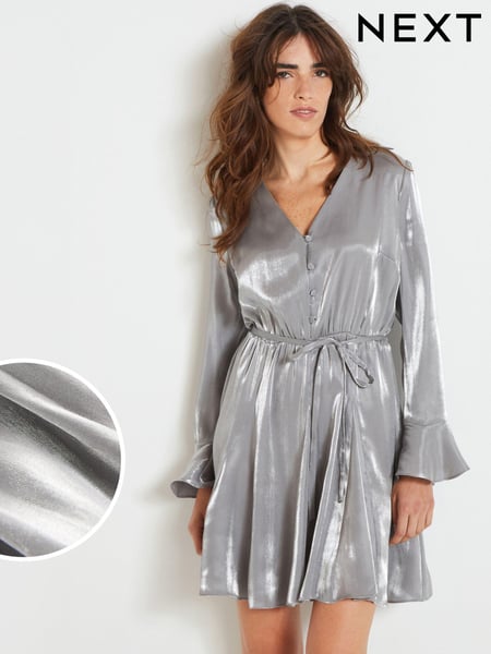 Silver Metallic Long Flutter Sleeve Mini Dress (705660) | € 16
