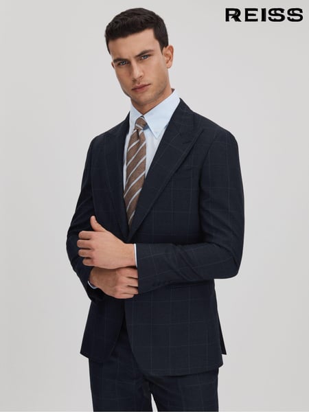 Reiss Navy Klink Wool Check Single Breasted Slim Fit Blazer (707392) | € 590