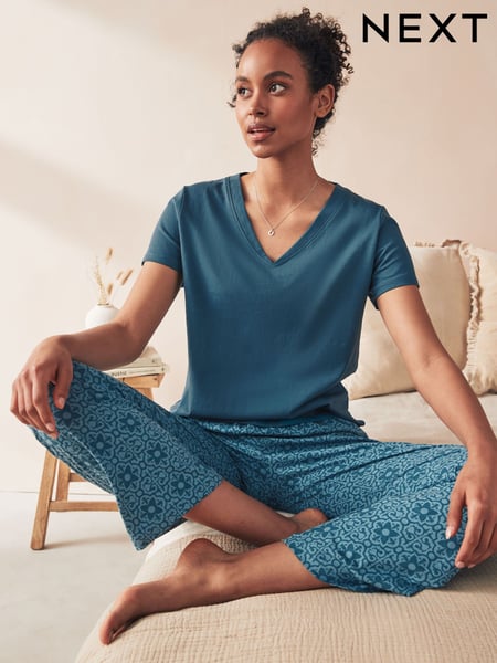 Chambray-Blau mit geometrischem Print - 100% Cotton Short Sleeve Pyjamas (708568) | 23 €