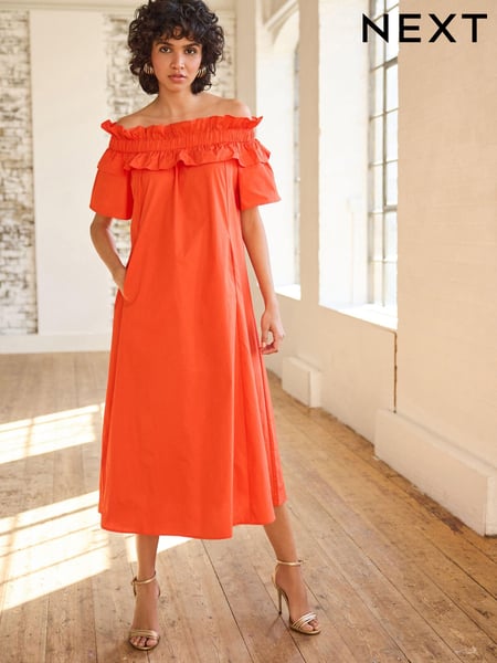 Orange Bardot Frill Midi Poplin Dress (730429) | € 29