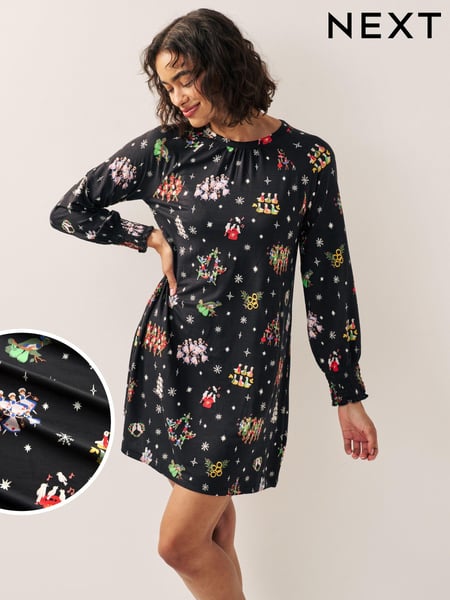 Black Graphic Long Sleeve Novelty Christmas Swing Dress (750520) | € 7