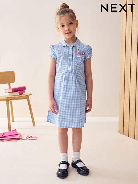 Blau - Cotton Rich Button Front Lace Gingham School Dress (3-14yrs) (776822) | 12 € - 16 €