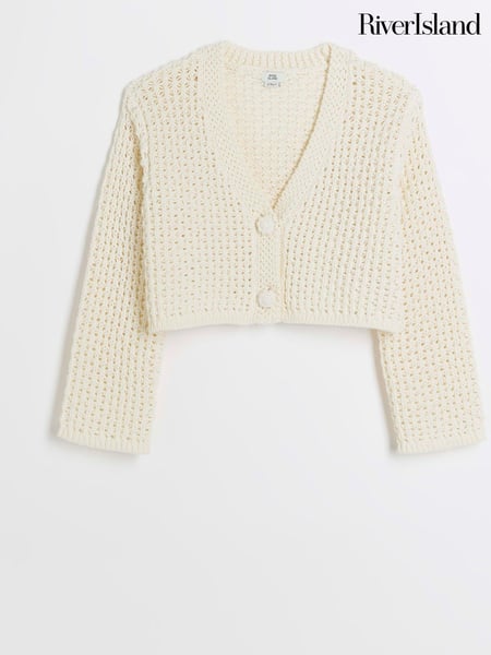River Island Cream Girls Ecru Crochet 100% Cotton Crop Cardigan (777459) | € 34 - € 45