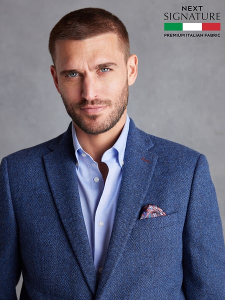 Blue Regular Fit Nova Fides Signature Herringbone Wool Blazer (787242) | € 201