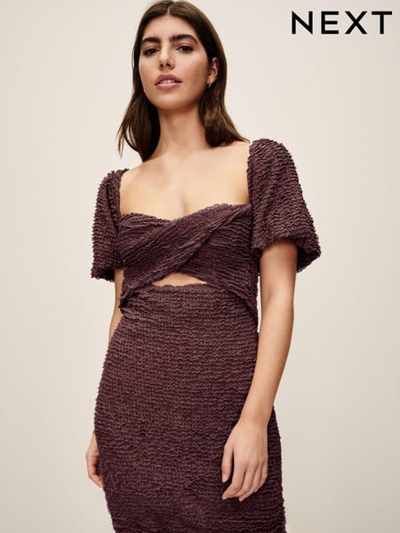 Brown Textured Puff Sleeve Mini Dress (798853) | € 14