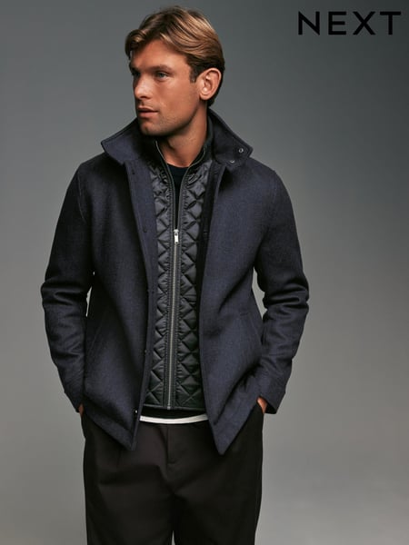 Navy Blue Mock Gilet Herringbone Padded Jacket with Wool (807723) | € 26