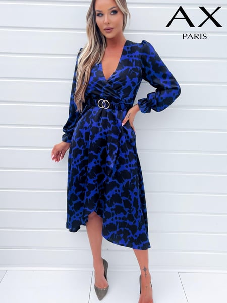 AX Paris Blue Cobalt And Black Print Long Sleeve Belted Wrap Midi Dress (810460) | € 15