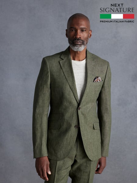 Olive Green Slim Fit Signature Leomaster Italian Linen Suit Jacket (812114) | € 111