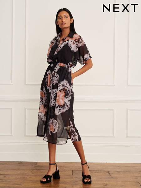 Black and Orange Printed Short Sleeve Tie Waist Midi Dress (814533) | € 16