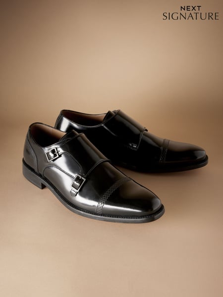 Black Signature Leather Sole Double Monk Shoes (822836) | € 148