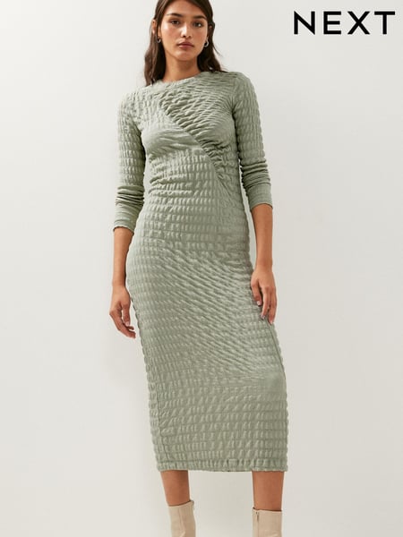 Sage Green Long Sleeve Ruched Detail Textured Midi Dress (825265) | € 10