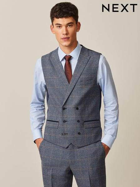 Blue Regular Fit Trimmed Check Suit Waistcoat (826284) | € 23