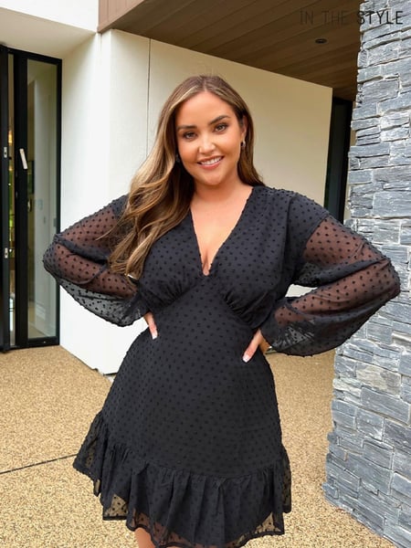In The Style Black Jac Jossa Dobby Bust Detail Balloon Sleeve Frill Hem Mini Dress (829332) | € 12