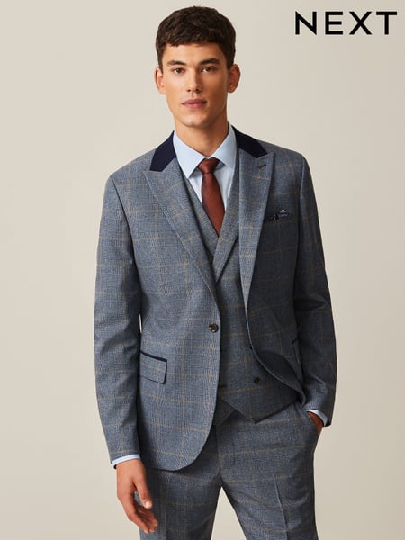 Blue Slim Fit Trimmed Check Suit Jacket (832740) | € 43