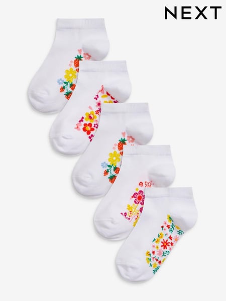 White Floral 5 Pack Cotton Rich Footbed Trainer Socks (839372) | € 9 - € 11