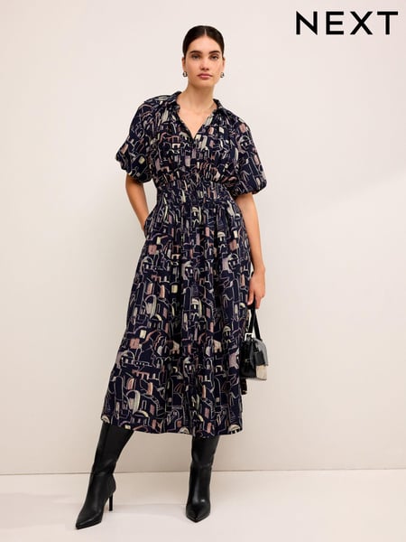 Navy Blue Scene Print Puff Sleeve Midi Dress (841499) | € 10