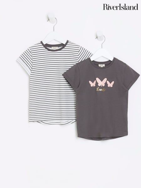 River Island White/Grey Mini Girls 100% Cotton Stripe T-Shirts 2 Pack (851004) | € 28
