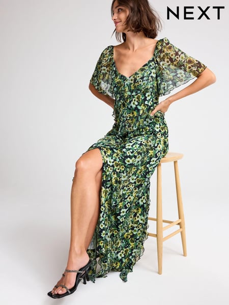 Green Floral Print Square Neck Ruffle Midi Dress (863485) | € 43