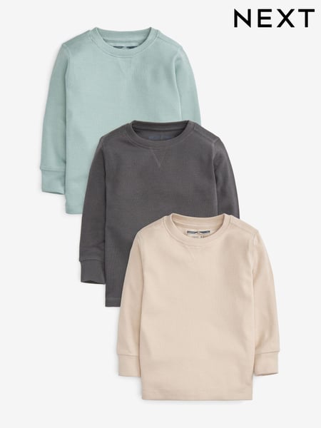 Light Blue/Neutral Long Sleeve Textured T-Shirts 3 Pack (3mths-7yrs) (866331) | € 27 - € 33